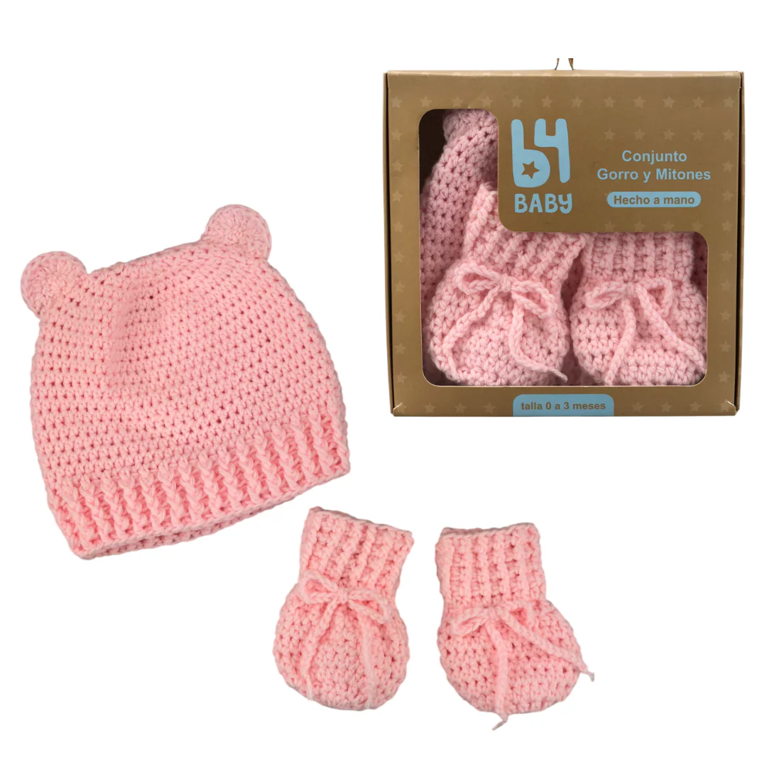 Conjunto De Gorro y Mitones Tejidos B4 Baby | Rosa